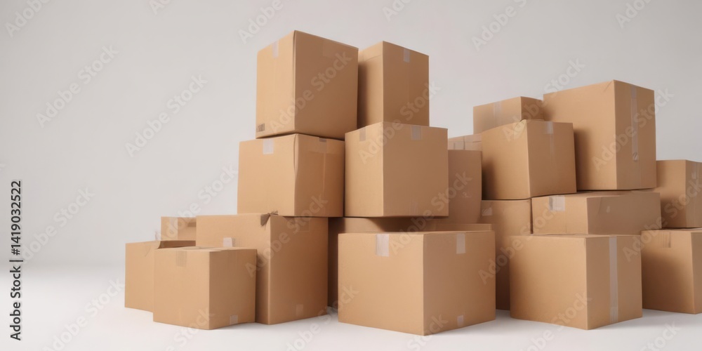 Several empty brown cardboard boxes arranged on a pure white backdrop , shot, eco Several empty brown cardboard boxes arranged on a pure white backdrop , shot, eco