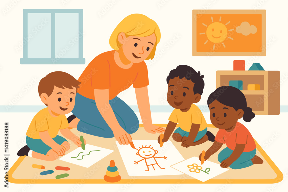 Teacher guiding children in creative activities in a bright classroom Teacher guiding children in creative activities in a bright classroom