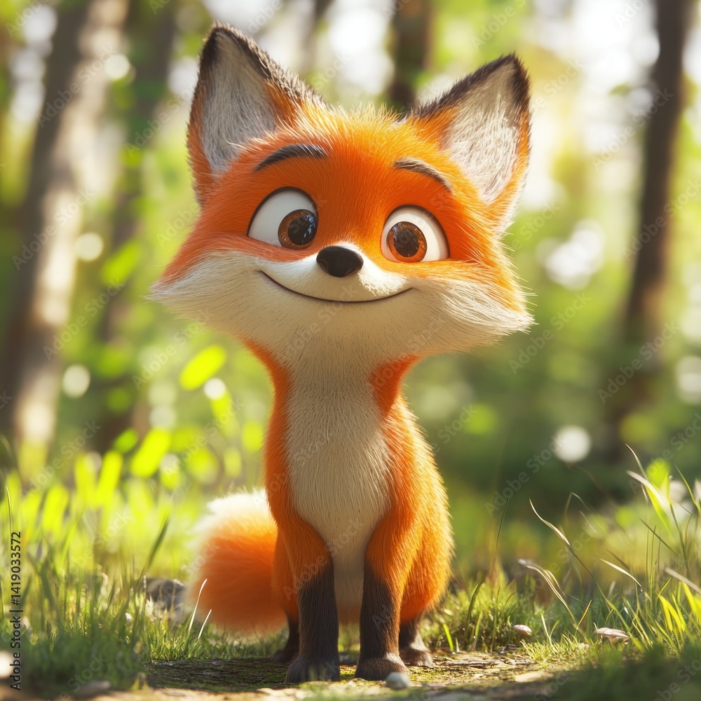 Obraz premium Cute cartoon fox sits in forest clearing, sunlight