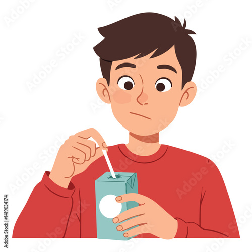 Confused Man Poking Drink Carton with Straw

