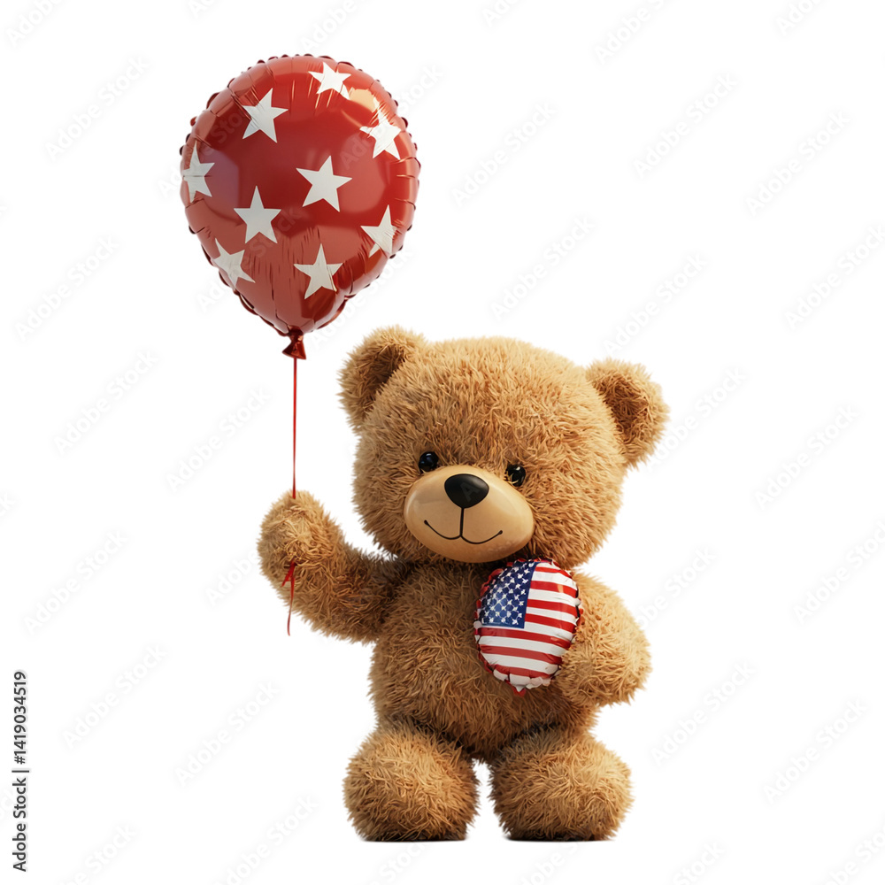 Obraz premium Patriotic teddy bear with balloon for independence day isolated on transparent background png