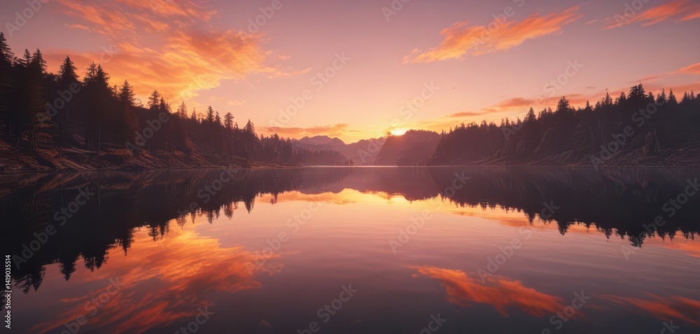 Fototapeta premium Mirror-like lake surface reflects a breathtaking sunset, creating a captivating scene , twilight, orange