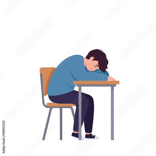 Exhausted Man Sleeping at Desk in Chair

