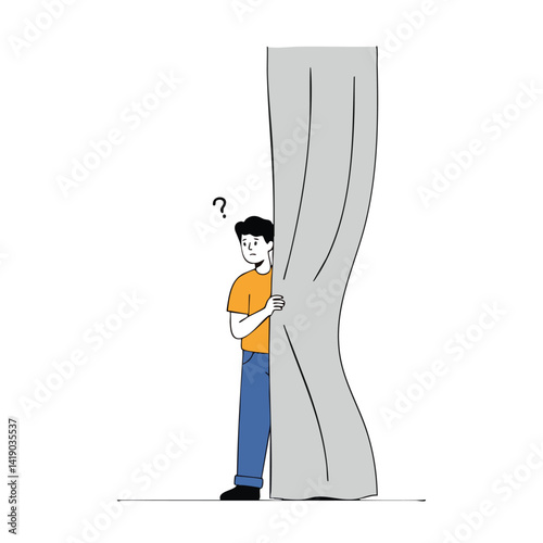 Curious Man Peeking Behind Curtain with Question Mark

