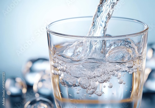 Close-up of water pouring from jug into clear glass with splashes and bubbles on soft blue background