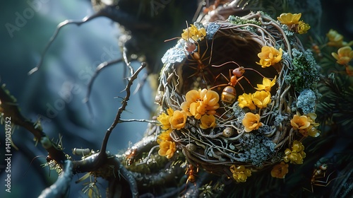 Ants in Nest Surrounded by Yellow Flowers on a Branch in Nature's Beautiful Environment