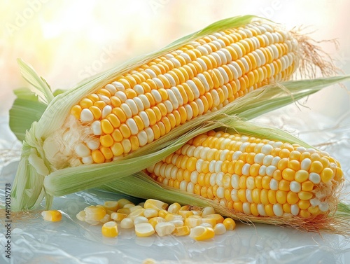 Three fresh corn cobs with husks isolated on white background closeup vibrant kernels healthy vegetable