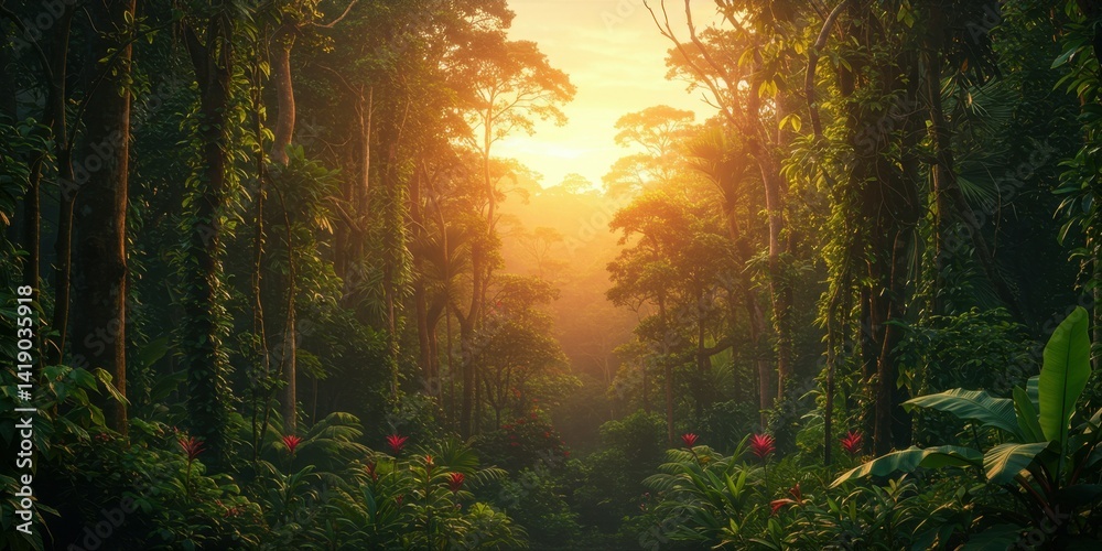 Obraz premium Lush Tropical Forest at Sunset with Golden Sunlight