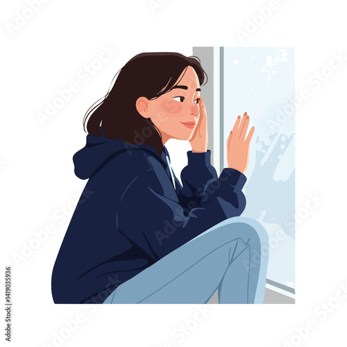 Contemplative Woman Looking Out Rainy Window

