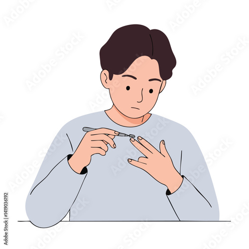 Man Examining Fingernails with Nail Clippers


