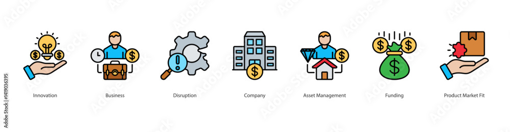 Startup Innovation icon sheet vector innovation, business, disruption, company, asset management, funding, product market fit Startup Innovation icon sheet vector innovation, business, disruption, company, asset management, funding, product market fit