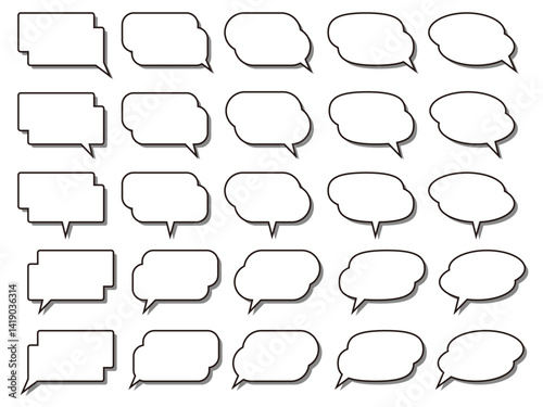 シンプルなフキダシ。枠。ベクター素材。シンプル黒ライン白ベタ。グレー影。2段。