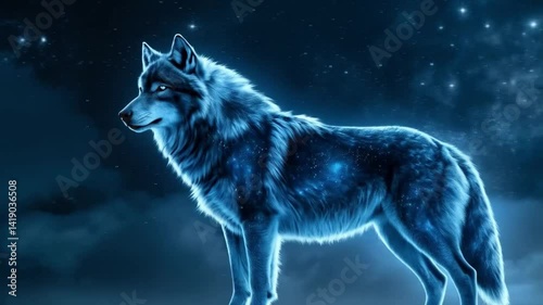 A wolf standing in the night sky with stars and clouds