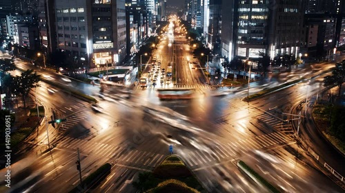 City Lights Intersection: Night Traffic Blur, Urban Grid.