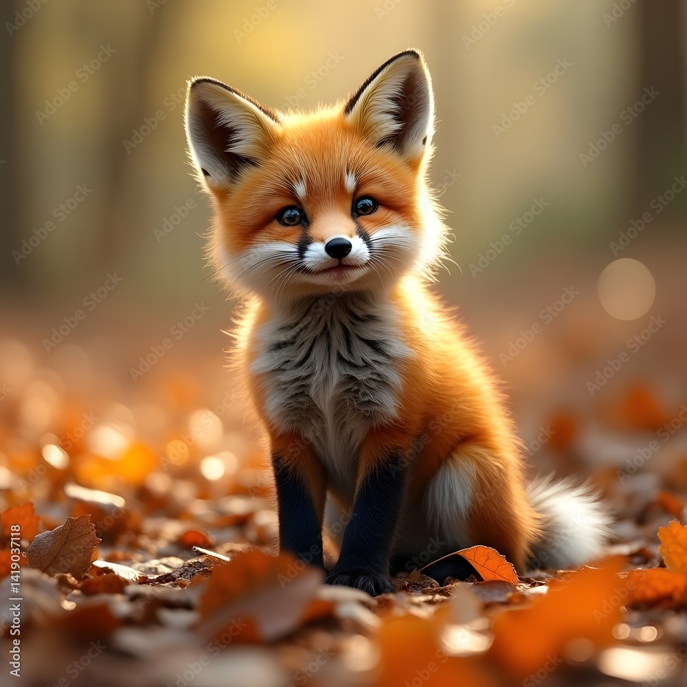 Fototapeta premium A baby fox playing with leaves, photorealistic lighting