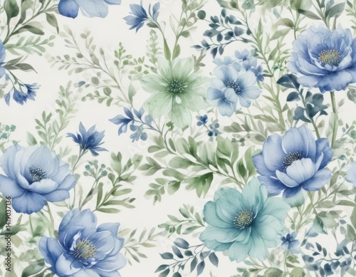 Wallpaper Mural Subtle blue and green watercolor flowers, intricate creamy white background  , watercolor flowers, vintage style Torontodigital.ca