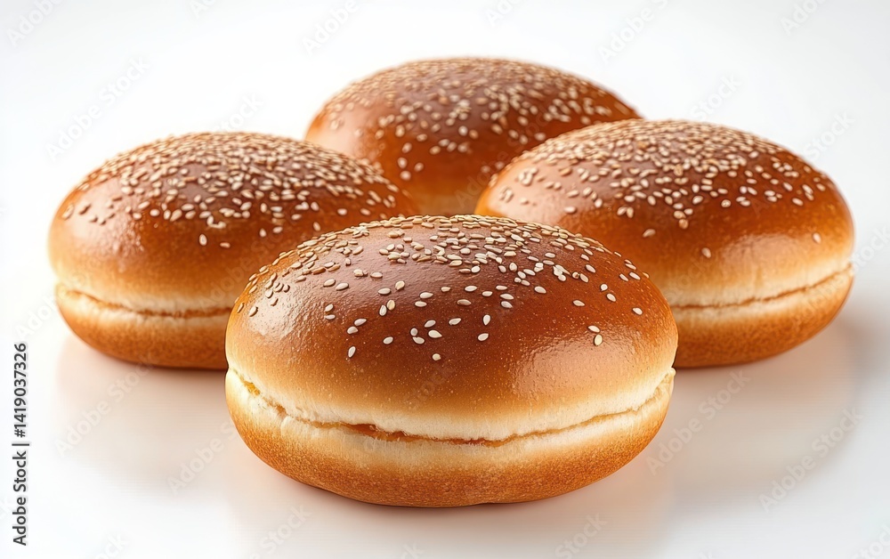 Four sesame seed hamburger buns fresh isolated on white background Four sesame seed hamburger buns fresh isolated on white background