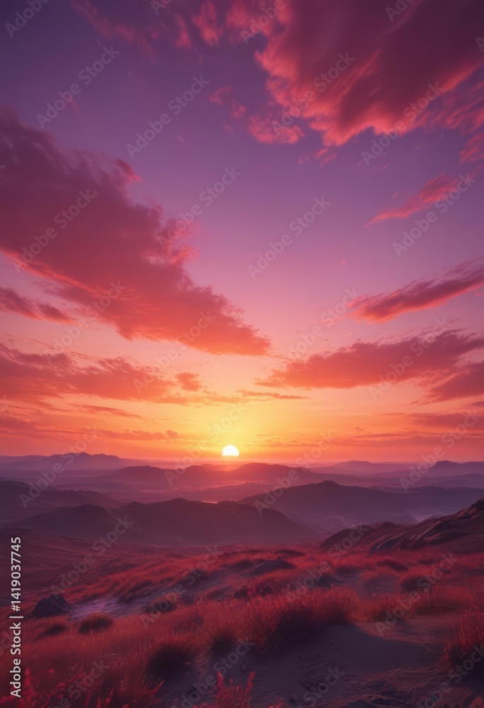 Crimson, rose, violet hues blend seamlessly across vast sky Stunning sunset panorama , crimson, idyllic, daybreak Crimson, rose, violet hues blend seamlessly across vast sky Stunning sunset panorama , crimson, idyllic, daybreak