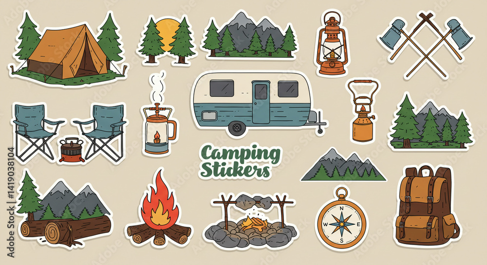 Obraz premium A nostalgic collection of camping adventure stickers featuring tents, campfires, and mountain landscapes in a vintage, hand-drawn style.