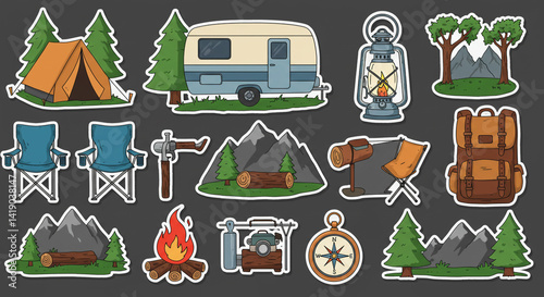 A charming collection of camping stickers showcasing tents, campers, campfires, and mountain landscapes, featuring a nostalgic hand-drawn style with a muted color palette.