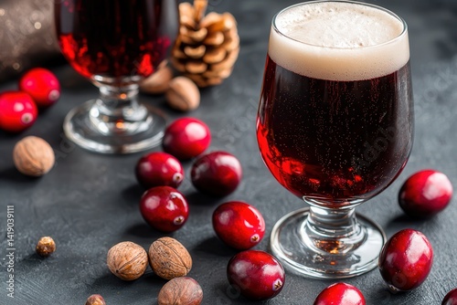 Beer craft beer seasonal ingredients Sparkling drink with cranberries and nuts on a dark surface.