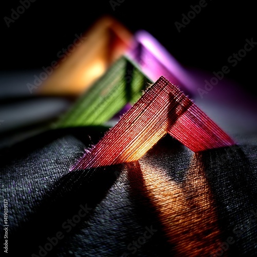 Obraz na płótnie Abstract Prism: A Colorful Convergence of Light and Shadow on Textured Material, Creating a Striking and Dimensional Visual w salonie