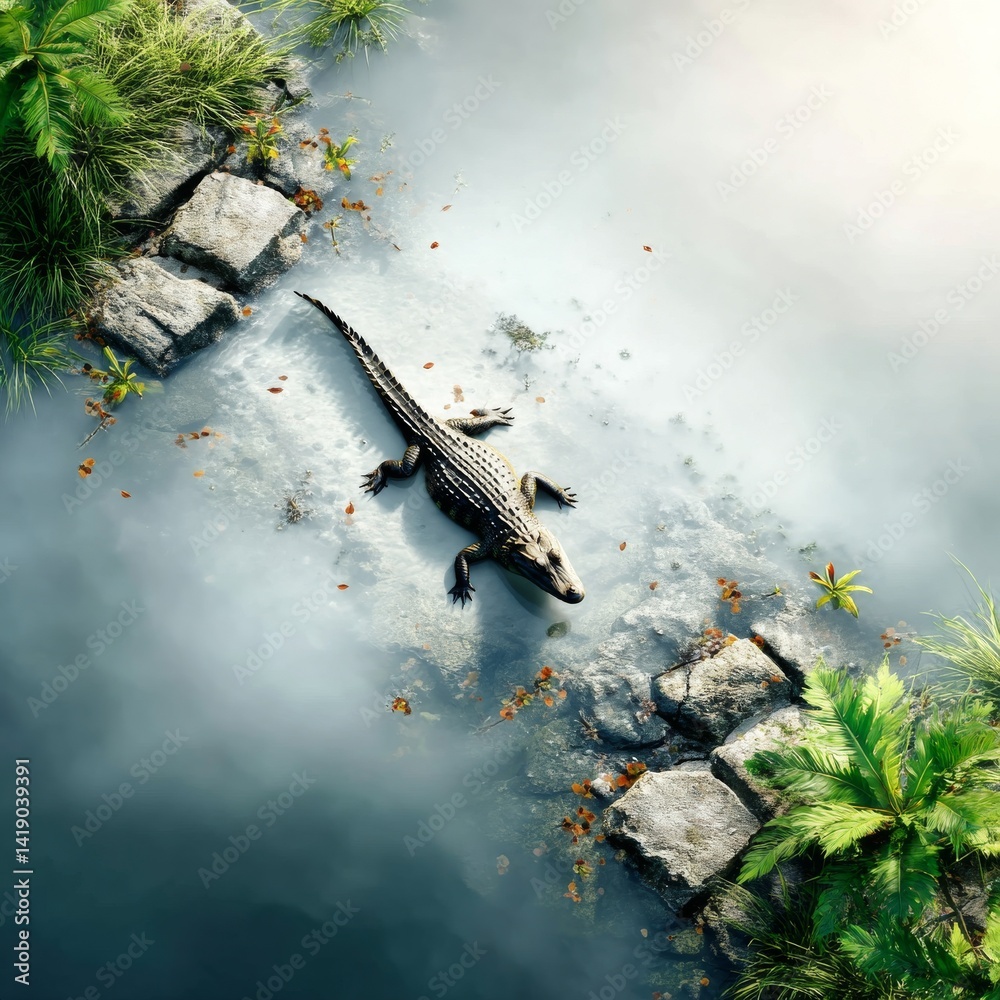 Alligator basking in a serene, misty pond between rocks, framed by lush tropical vegetation, under the bright sun