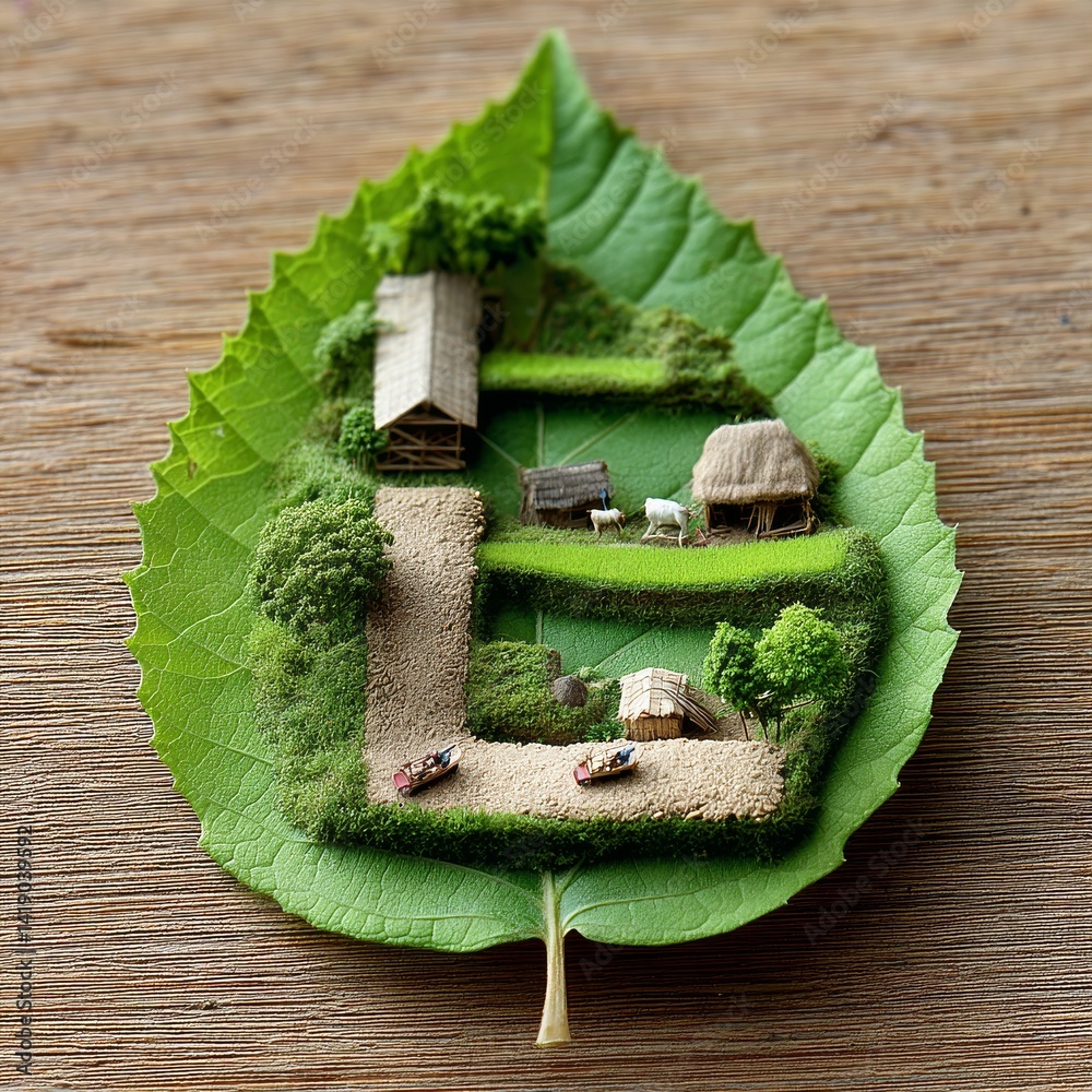 A Miniature Rural Landscape Built on a Leaf, Featuring Farms, Houses, and Transport, Offering a Unique Perspective