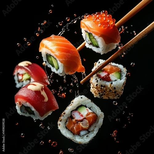 Assorted sushi rolls on a dark backdrop with chopsticks, food presentation, culinary artistry, print, illustration