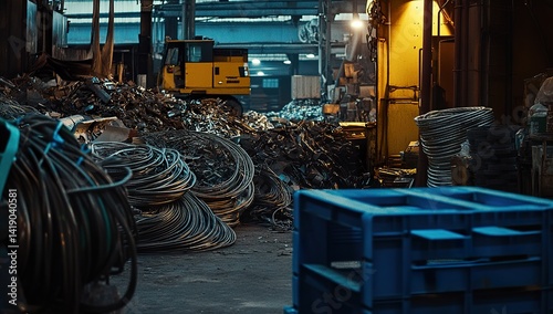 Cinematic photograph of expansive metal scrap piles in an industrial warehouse, styled with Expanse series aesthetic and color grading. Blue accents highlight the warehouse setting, 
