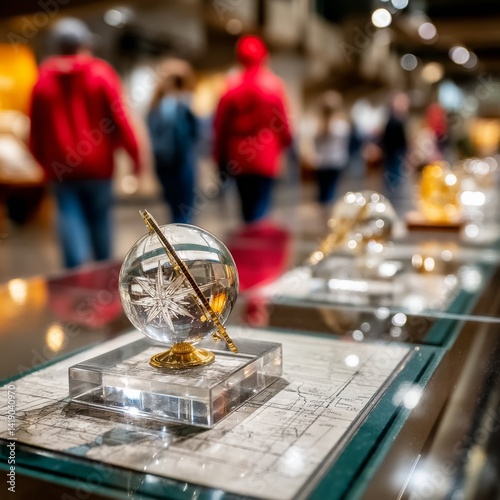 Obraz na płótnie Crystal Globe Ornament on Display in a Museum, Depicting Exploration and Historical Significance with Blurred Figures in the Background w salonie
