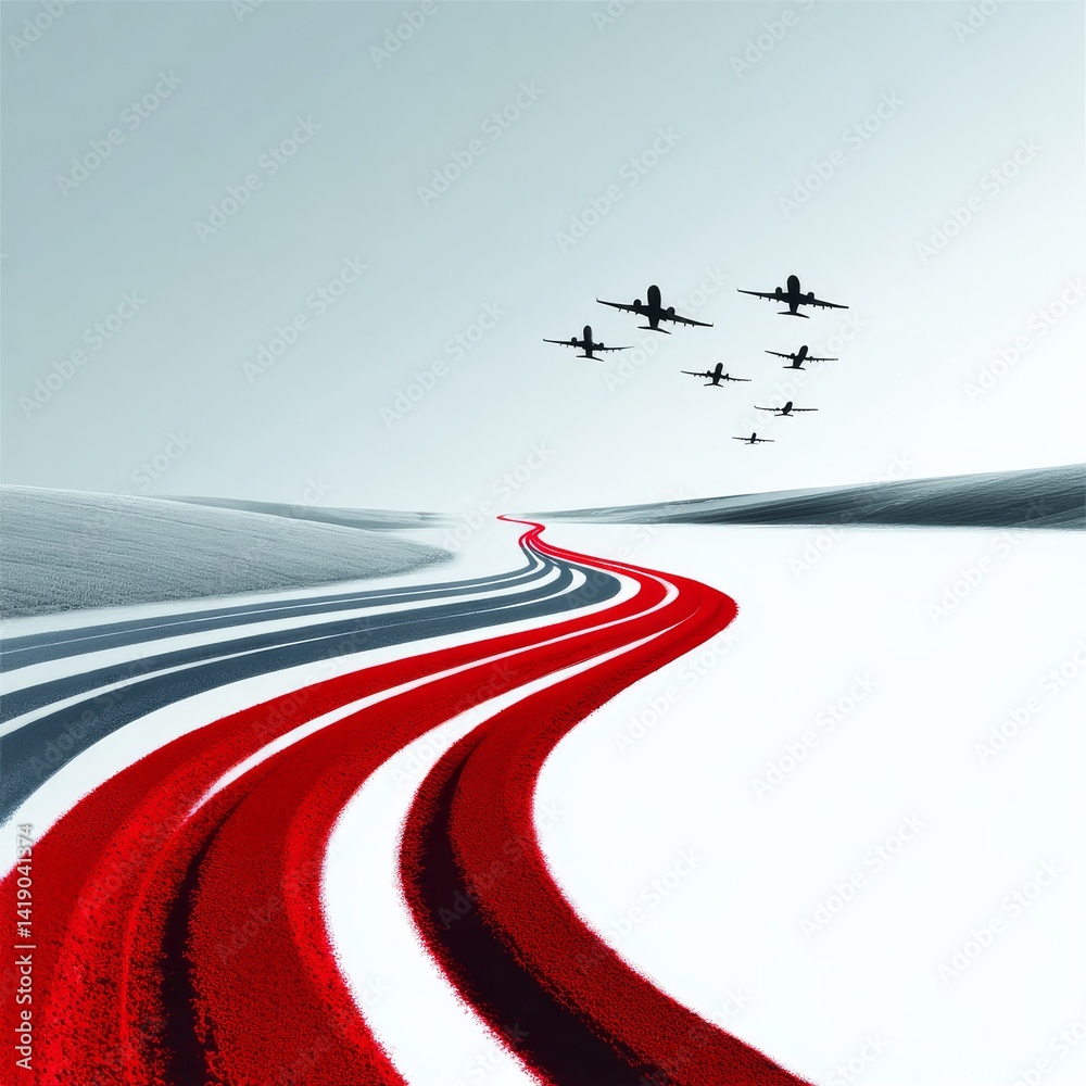 Following the Runway: Airplanes Over a Striped Landscape