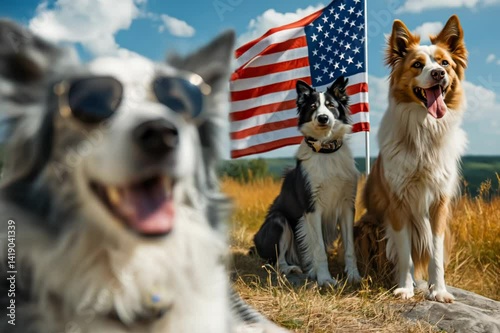 A dog wearing sunglasses and an american flag for memorial day and 4th july independence day
