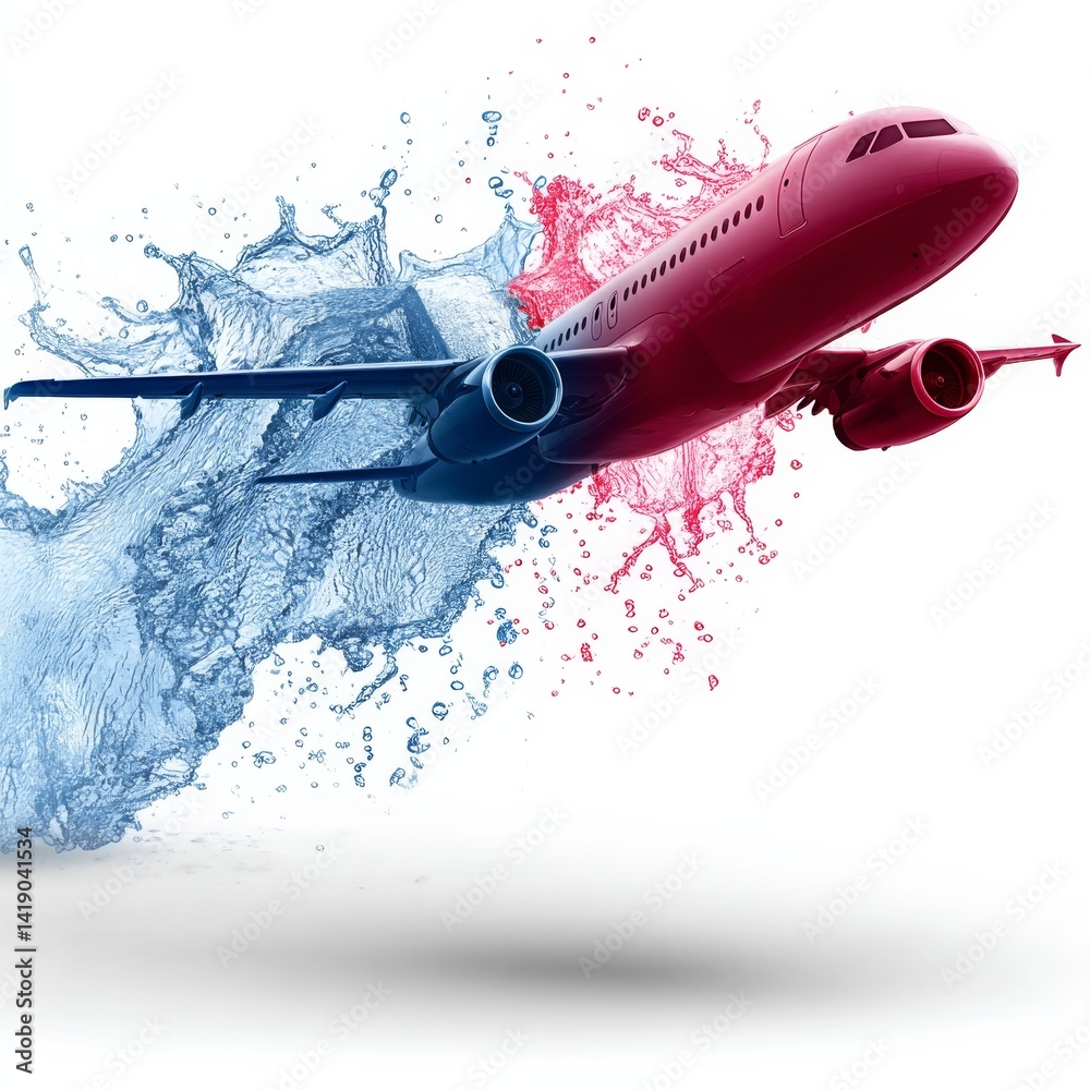 Global Splashdown: Conceptual Airplane Art Featuring Contrasting Water & Paint Effects in Flight