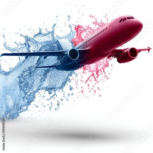 Obraz na płótnie Global Splashdown: Conceptual Airplane Art Featuring Contrasting Water & Paint Effects in Flight w salonie