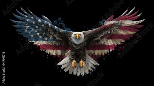 flying bald eagle on american flag. freedom and independence concept. 4th of july background
