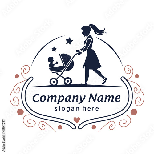 Woman pushing baby stroller, elegant design