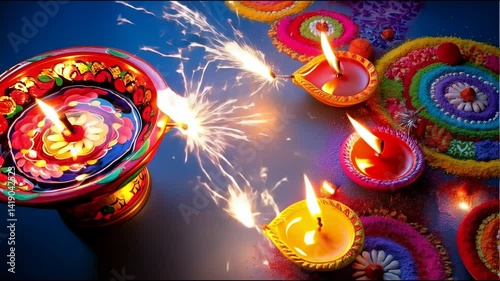 Oil lamps lit on colorful rangoli during diwali celebration
