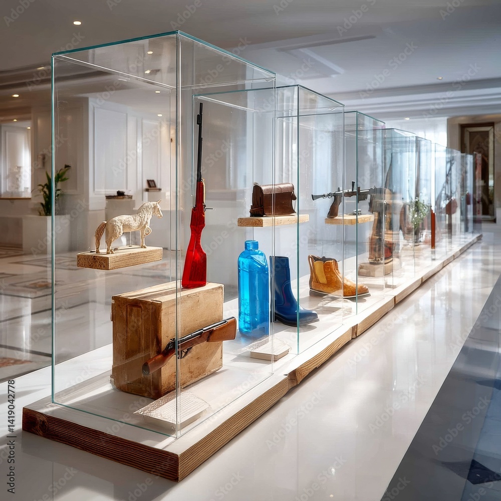 Museum Display: Glass Cases Showcasing a Variety of Objects on Wooden Shelves in a Bright, Modern Setting
