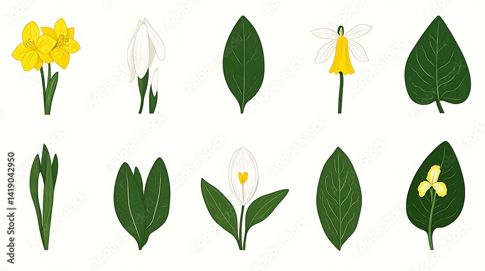Fototapeta premium Detailed illustration showcasing various stages of plant growth, featuring yellow and white flowers, and varying leaf shapes and sizes. The pixel art style is evident in the image's composition