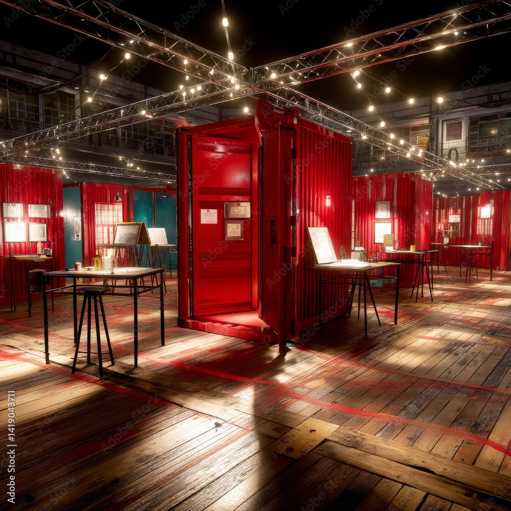 Red Container Art Gallery: A Creative Space with Rustic Wooden Floors and Ambient String Lighting