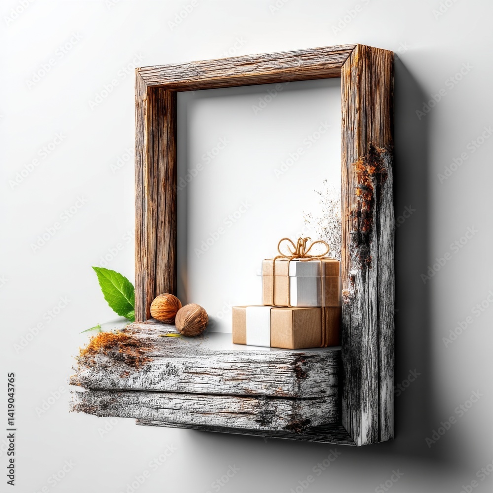 Rustic Wooden Frame with Gift Boxes, Leaf, and Walnuts on Weathered Shelf, Neutral Backdrop for Product Mockup or Decorative Display