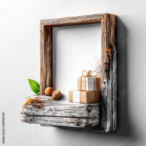 Obraz na płótnie Rustic Wooden Frame with Gift Boxes, Leaf, and Walnuts on Weathered Shelf, Neutral Backdrop for Product Mockup or Decorative Display w salonie