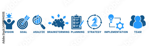 Success banner web icon vector illustration concept with icon of vision, goal, analyze, brainstorming, planning, strategy, implementation, team 