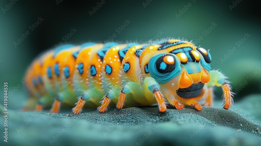 Vibrant caterpillar crawls on textured leaf, foliage background Vibrant caterpillar crawls on textured leaf, foliage background