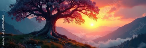 Ancient fairy tree, vibrant sunrise, magical forest , fantasy landscape, old tree