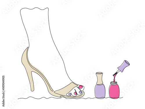 Abstract nail polish,pedicure, foot with painted nails in a nail salon, continuous single one line art hand drawing sketch logo
