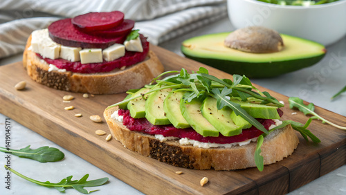 Healthy Avocado and Beet Sandwich with Cream Cheese and Arugula on Rustic Bread – Fresh Vegetarian Snack