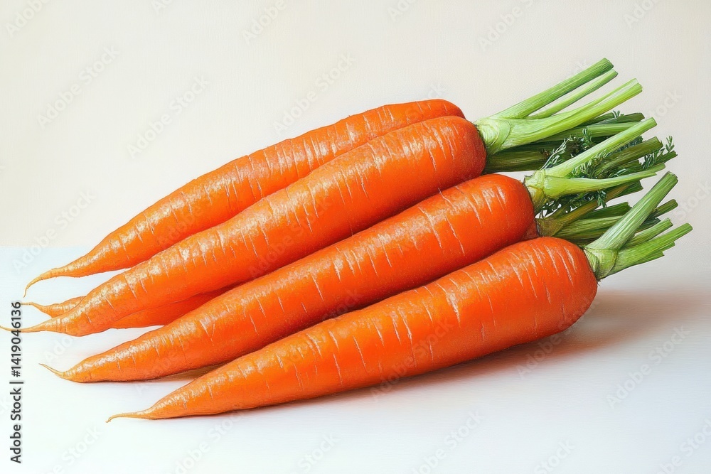 Fresh three carrots with green stems on white background Fresh three carrots with green stems on white background