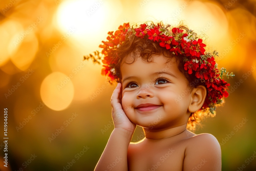 Happy sunny days holidays visual idea. Golden hour in sunset. Smiling brazilian infant boy with tt hair wearing red flower crown on his head. Beautiful summer childhood. Cheerful boy in nature. Happy sunny days holidays visual idea. Golden hour in sunset. Smiling brazilian infant boy with tt hair wearing red flower crown on his head. Beautiful summer childhood. Cheerful boy in nature.